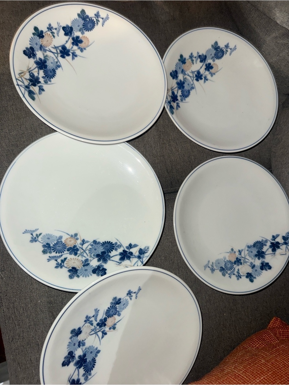 Vintage Japanese Sometsuke Blue White Large Dinner Plates Set of 5 Chrysanthemum